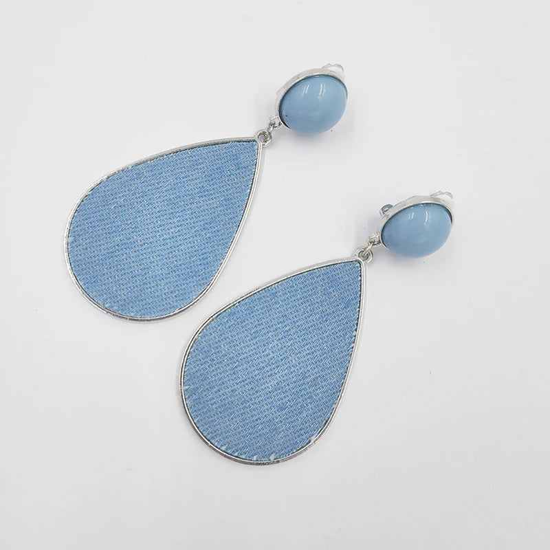 Women Light Blue Denim Water Drop Clip Earrings with Domed Stone Earring Fashion Boho Jewelry Female Accessories