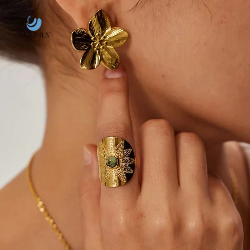 SUMMLY Vintage Flower Butterfly 18K Gold Plated Stainless Steel Stud Earrings for Women Fashion Jewelry