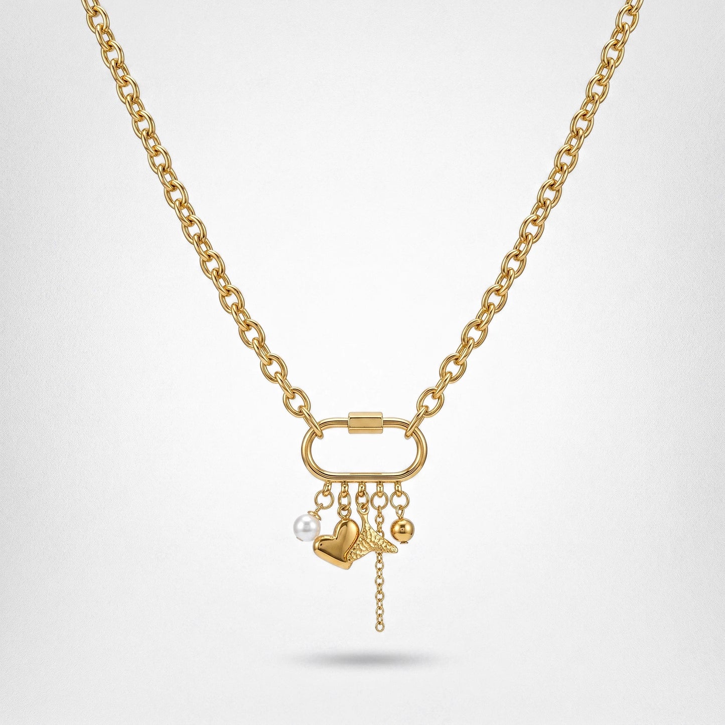 QIAOREN 11351 Tarnish Resistant Waterproof 18K Gold Plated Stainless Steel Carabiner Charm Necklace