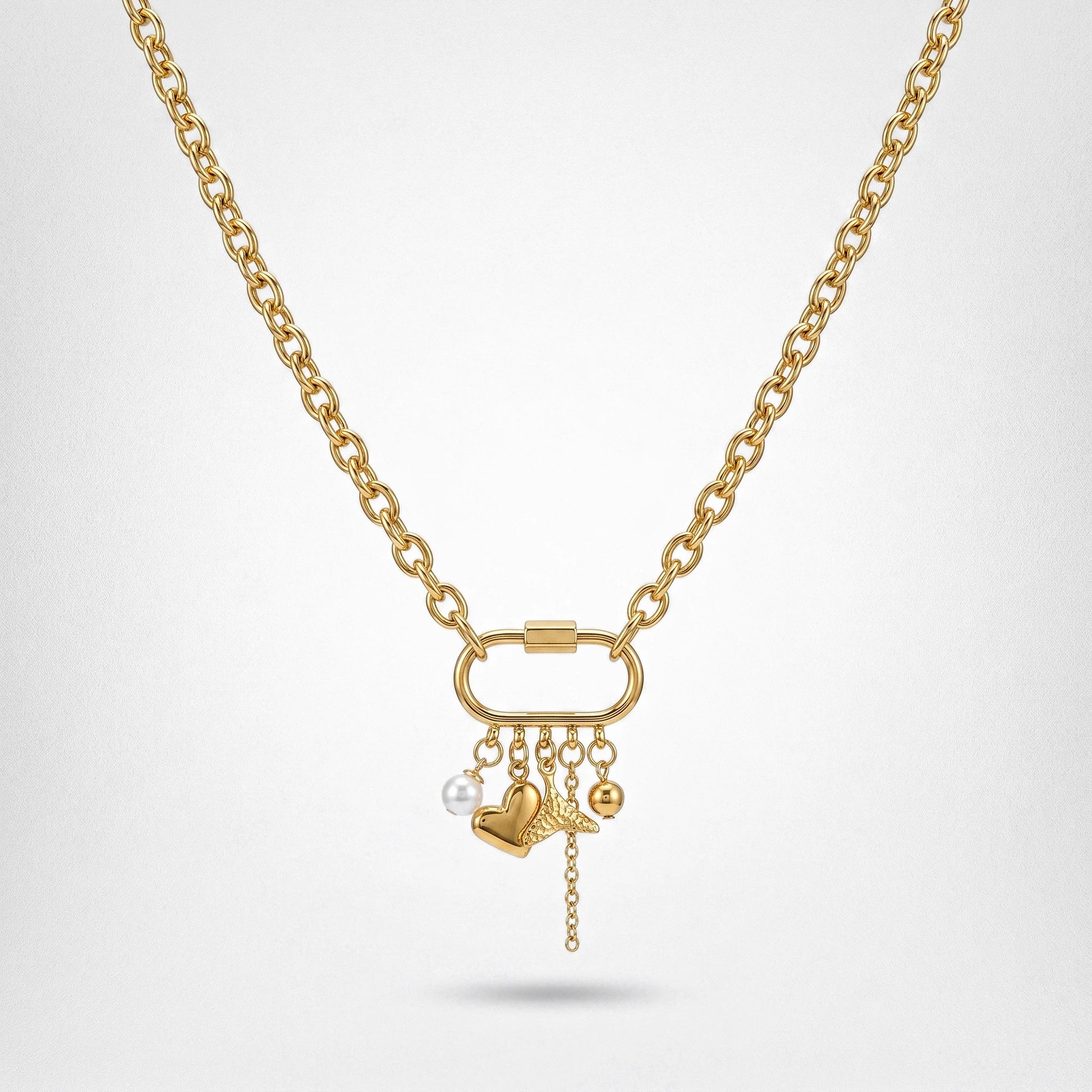 QIAOREN 11351 Tarnish Resistant Waterproof 18K Gold Plated Stainless Steel Carabiner Charm Necklace