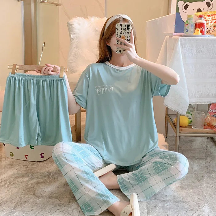 2024 New Designs Summer Lady's Pajamas Set Short Sleeve Trousers and Shorts 3 PCS Home Wear Ladies Clothes Set