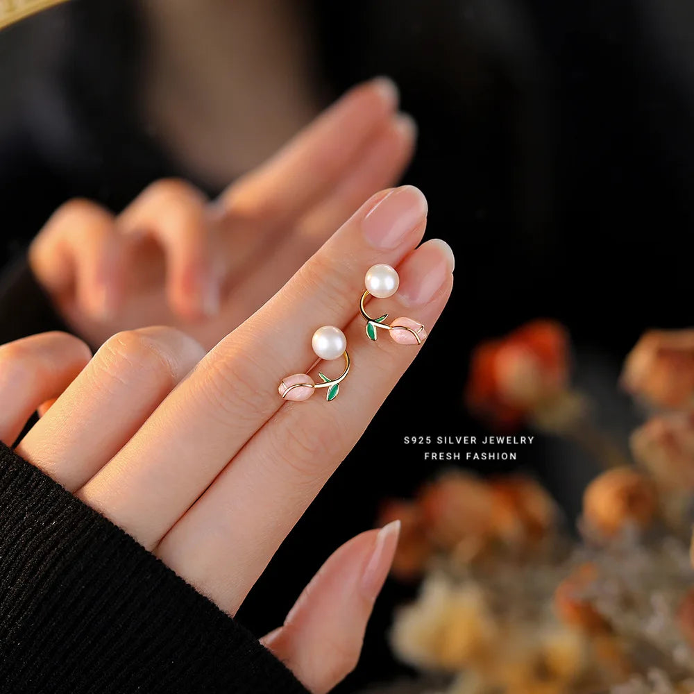 Fashion Freshwater Pearl Tulips Flower Stud Earrings Wholesale 925 Sterling Silver Girls Summer Jewelry Gifts