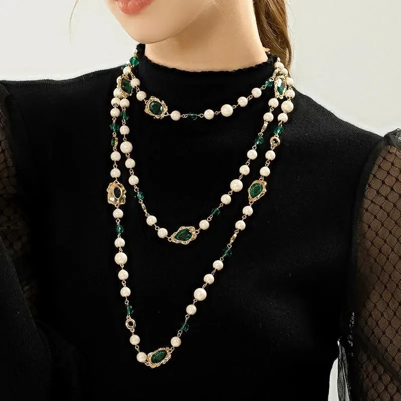 Classic Glass Pearl Beaded Necklace Vintage Double Layer Gemstone Fashion Jewelry for Unisex