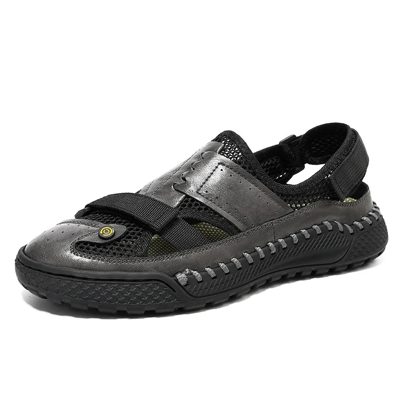 Factory Supply Custom LOGO Hand Made Sewing Pure Cow Genuine Leather Mesh Upper Toe Closed Summer Sandals for Men Boy
