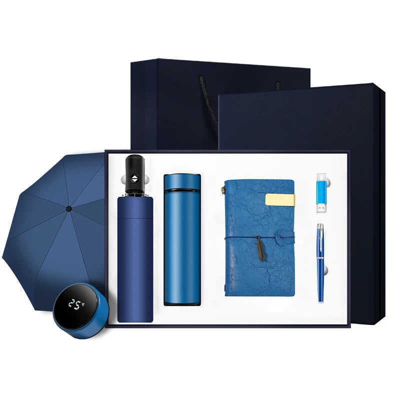 Promotional 5 in 1 Business Stationery Office Accessory Box Gift Set Includes Umbrella Mug Pen Notebook