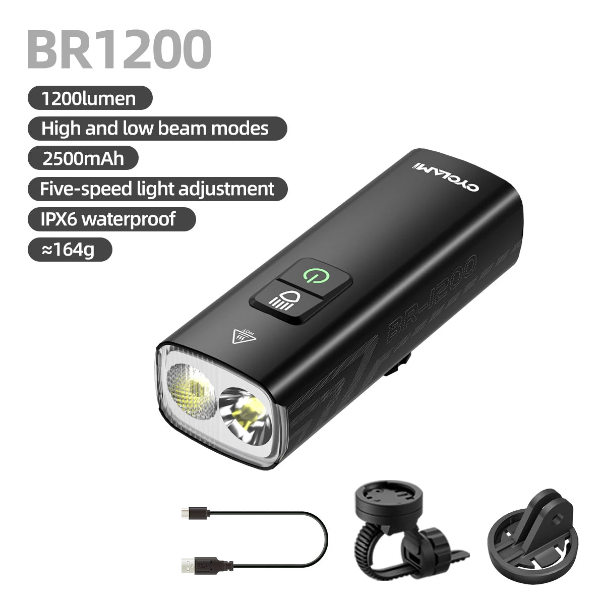 CYCLAMI  BR-1200 Bike Front Light 1200 Lumen Bicycle Light IPX6 Waterproof MTB Light Type-C Charging Cycling Flashlight