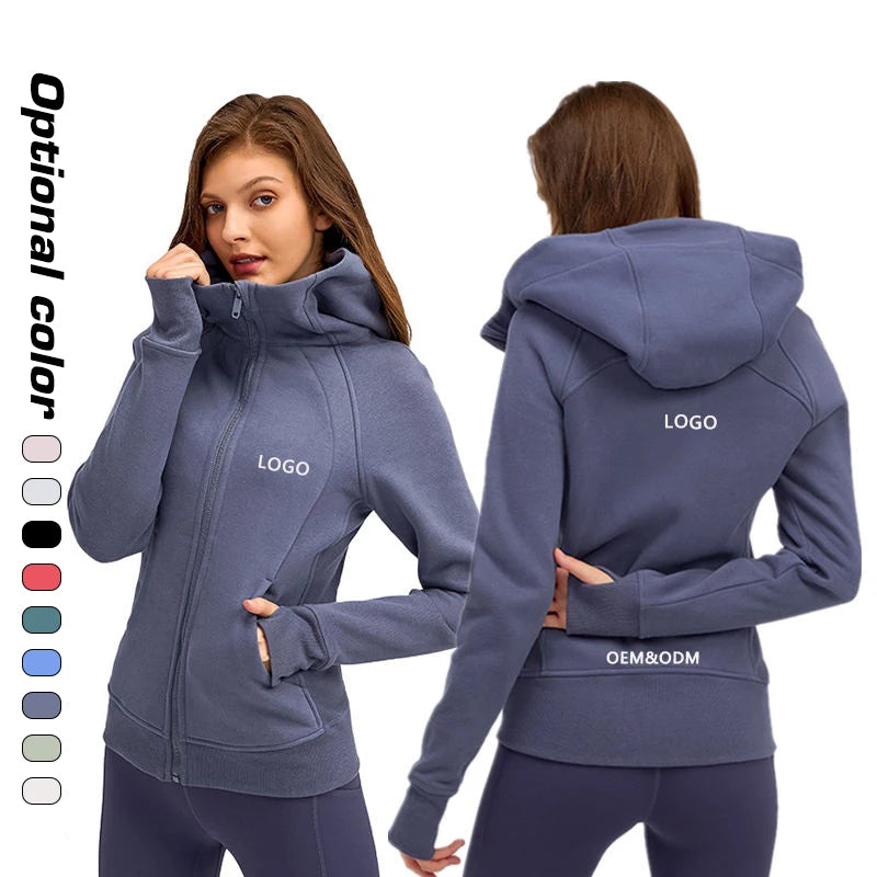 Custom Logo Fitness Coat Sports Wear Outwear Women Running Jackets With Thick Full Zip up Face Hoodie Sweater