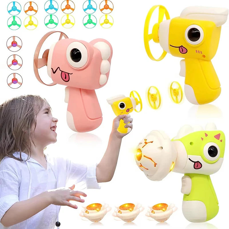 Top Selling Dinosaur Gyro Gun Launcher Bamboo Dragonfly Rotating Toys Flash Flying Disc Other Outdoor Toys