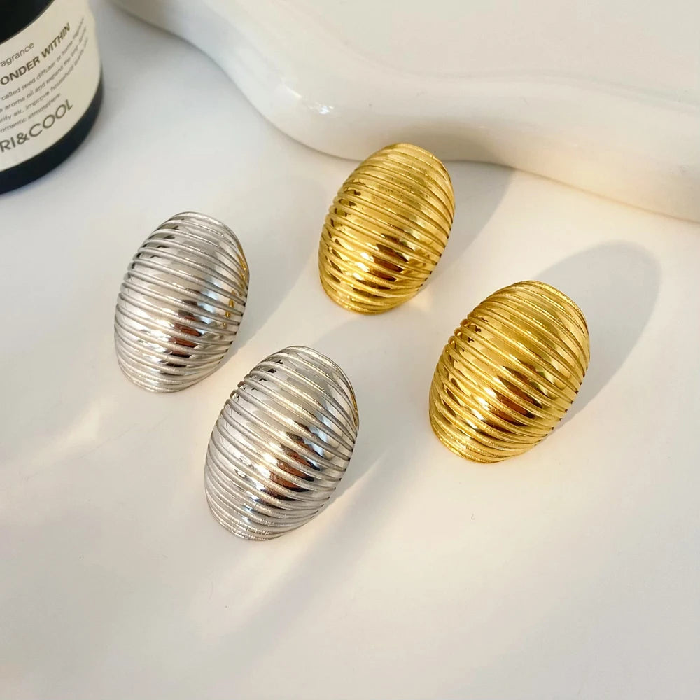 Striped Oval Metal Earrings Fashion Jewelry 2025 Stainless Steel Plated 18K Gold Vintage Popular Earrings