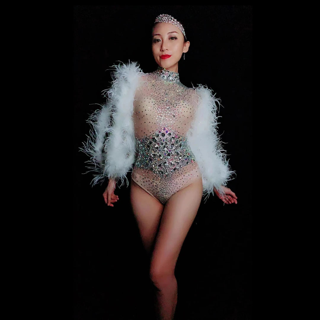 Sexy See Through Feather Rhinestone Party Club Exotic Stripper Dance Leotard Stage Performance Jumpsuits Women Bodycon Bodysu