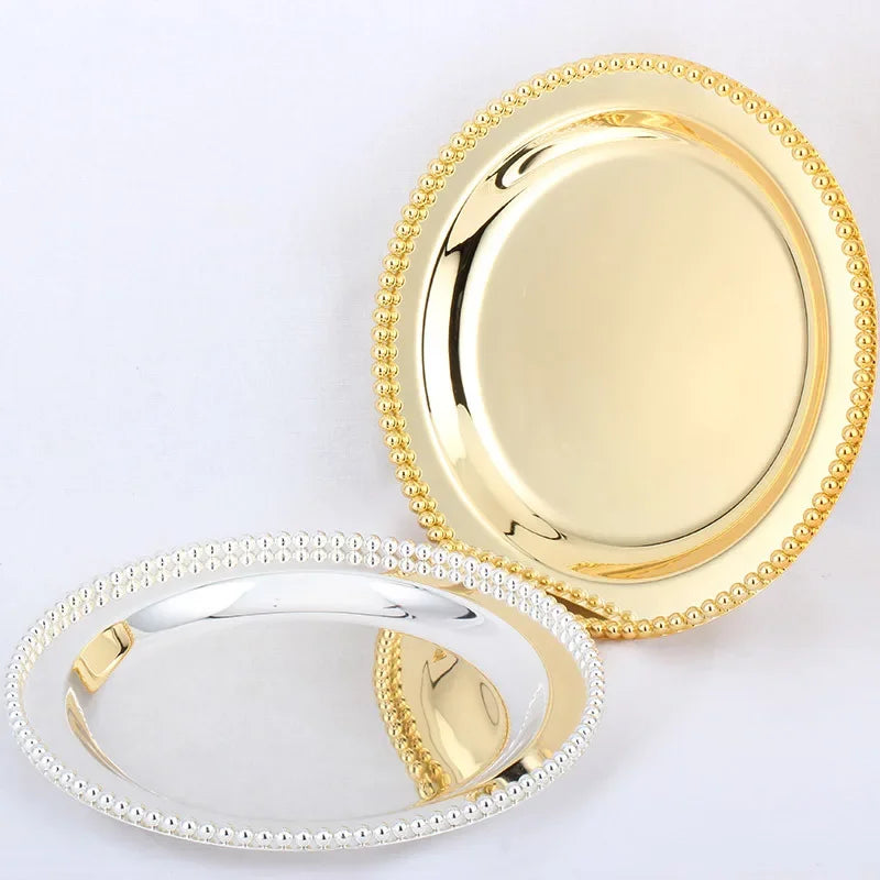 European High-end Metal Bead Point Cake Plate Restaurant Creative Round Fruit  Tea Dessert Plate Household Jewelry Tray