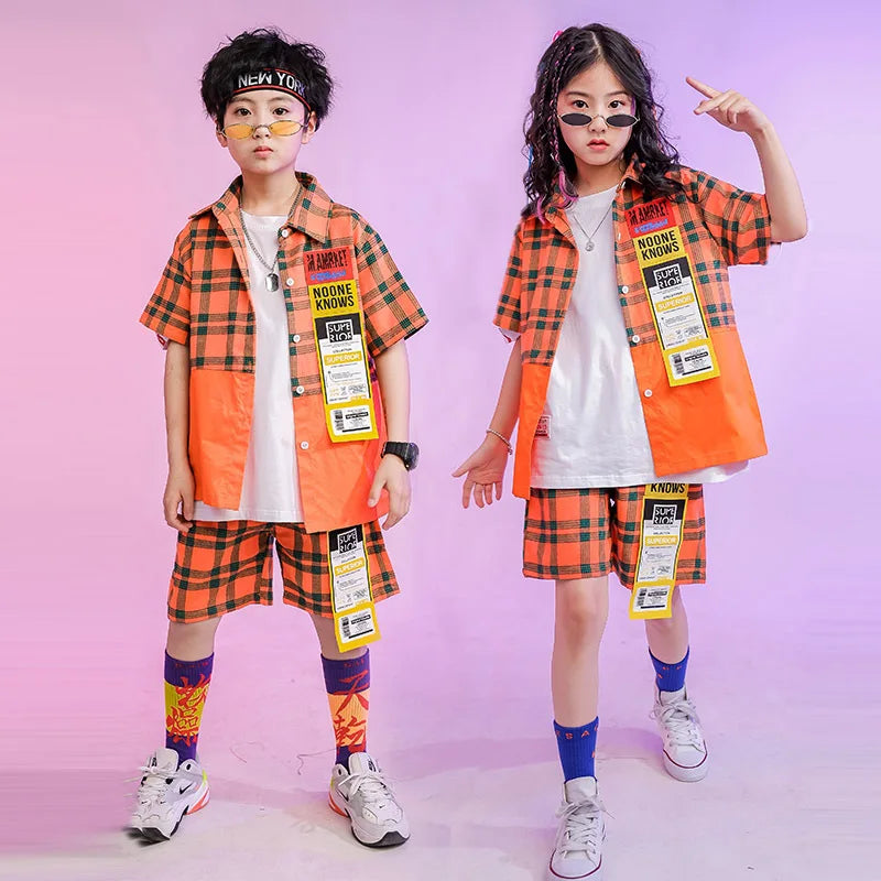 Jazz Drum Runway Children's Street Dance Costume Summer Boys Girls Short Sleeve Loose Plaid Suit