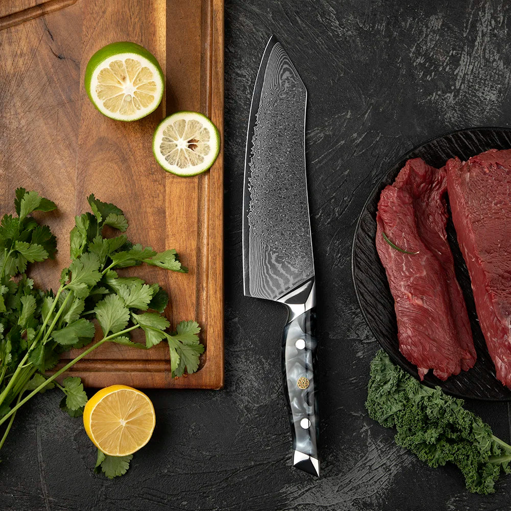 Amber Japan SKD11 Core Damascus Steel Moonrise Pattern Damascus Chef's Knife Damascus Kitchen Knife with Acrylic Resin Handle