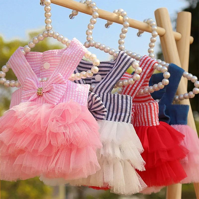 Dog and Cat Striped Halter Mesh Lace Dress Bowknot Small Medium Princess Girl Puppy Dog Dress Skirt