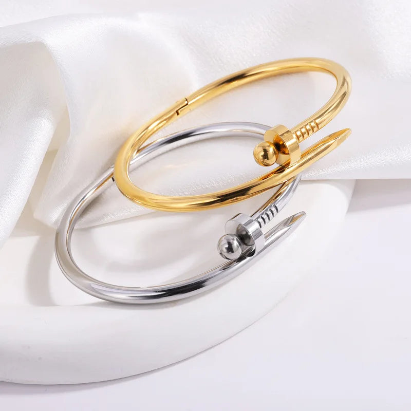 Stainless Steel Fashion Jewelry Bracelets 18K Gold Plated Open Nail Stainless Steel Bangle Couple Bracelet for Women Men