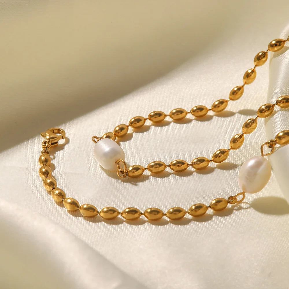Dropshipping New Trendy 18K PVD Gold Plated Stainless Steel Pearl Necklace Freshwater Pearl Beads Bracelet Necklace Jewelry S