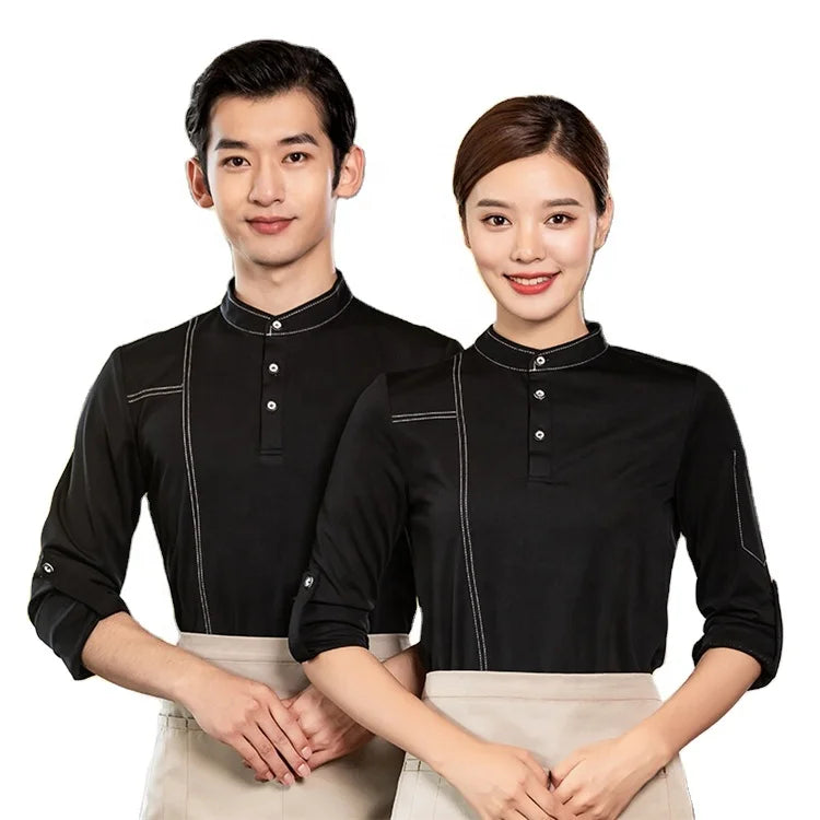 Hotel Restaurant Catering Kitchen Wait Staff Bar Waiter Waitress Bartender Work Uniform Stretchy Long Sleeve Shirt Shirts