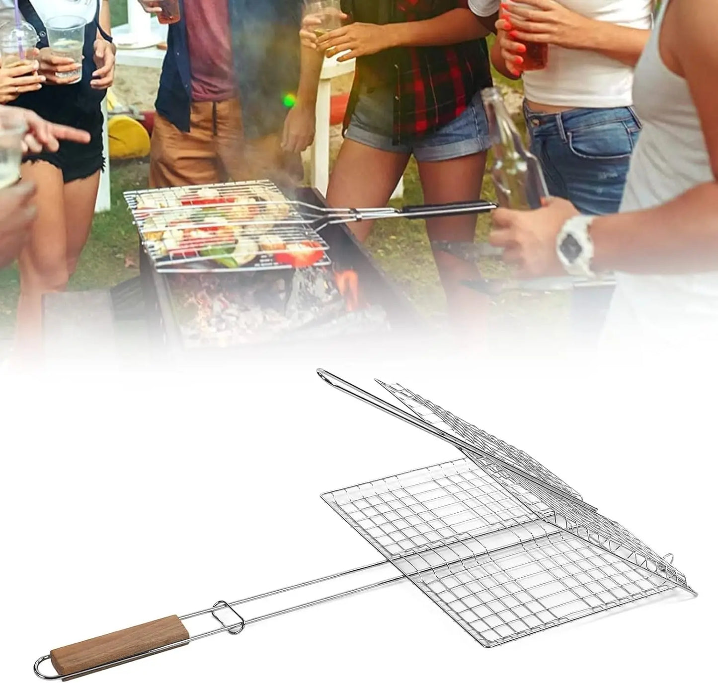 Stainless Steel Non-Stick Grid Folding Grill Basket for BBQ Outdoor Kitchen Use Portable Multifunctional Commercial Grilling 