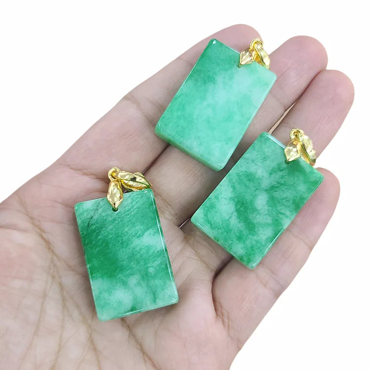 JF7356 18k Gold Plated CZ Pave Natural Genuine Green Jade Jadeite Stone Rectangle Dog Tags Pendants