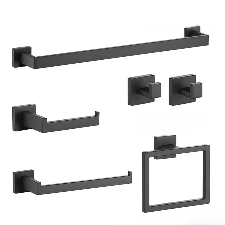 Thickened 304 Stainless Steel 6-Piece Matte Black Bathroom Accessory Set -  Wall Mount Towel Bar & Hardware Kit