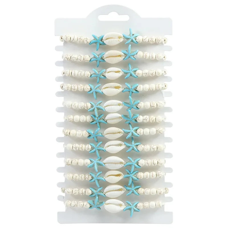 12Pcs/lot Artificial Turquoise Round Bead Blue Starfish Seashell Charm Braided Bracelet Seashell Beach Jewelry Gifts