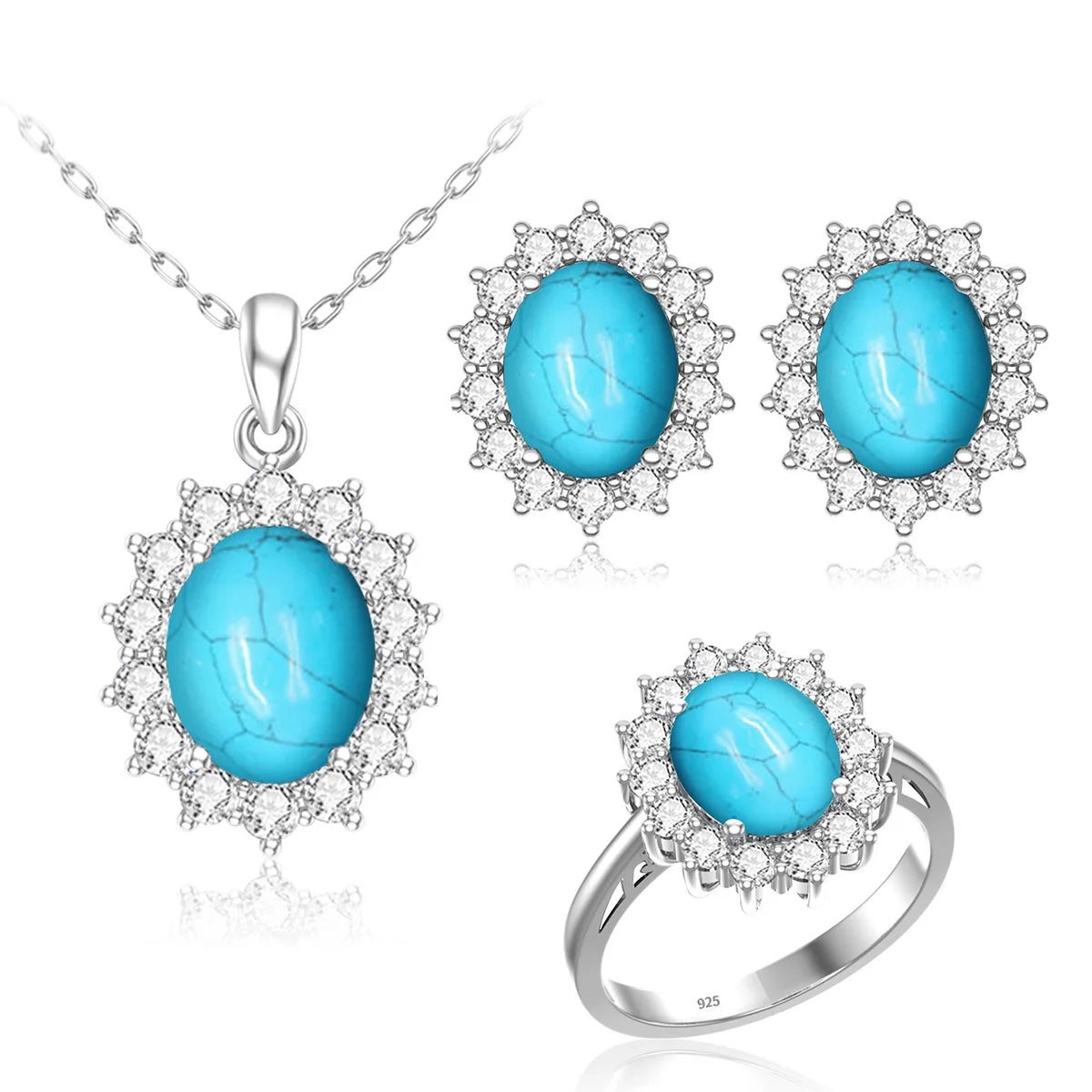 Turquoise Engagement Bridal Jewelry Set 18K Gold Plated 925 Silver Big Gemstone Princess Diana Style Ring Earrings Pendant