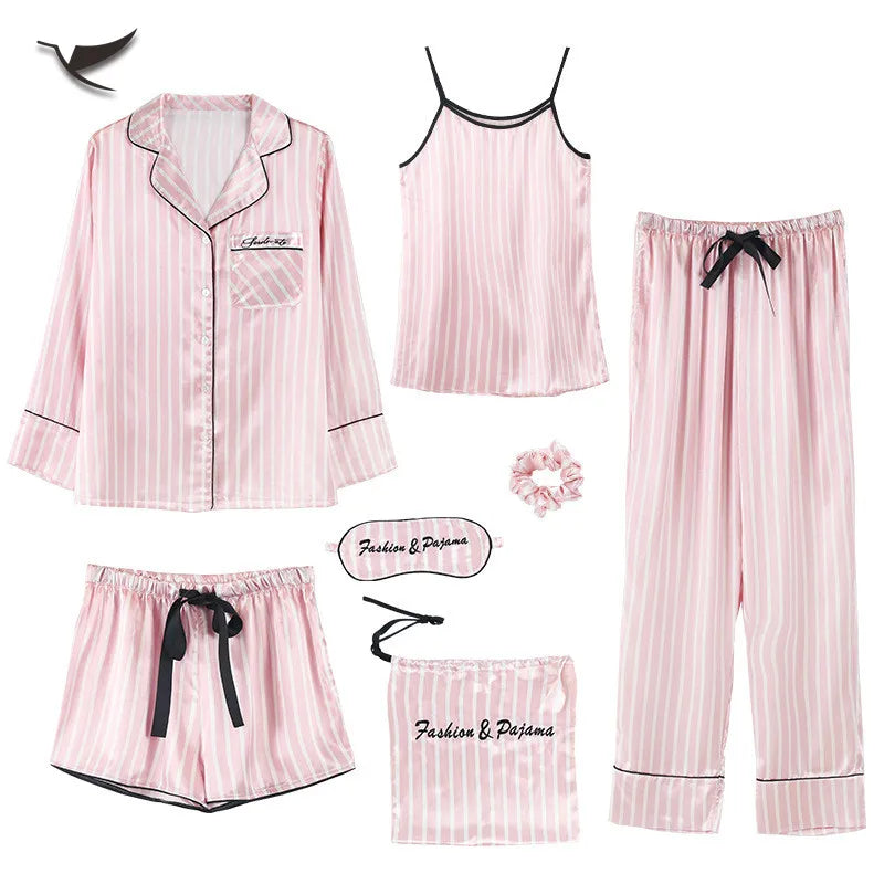 Spring Lady 7 Pcs Sleepwear Sets Ice Silk Satin Home Wear Floral Printed Long Sleeve Pajamas Women