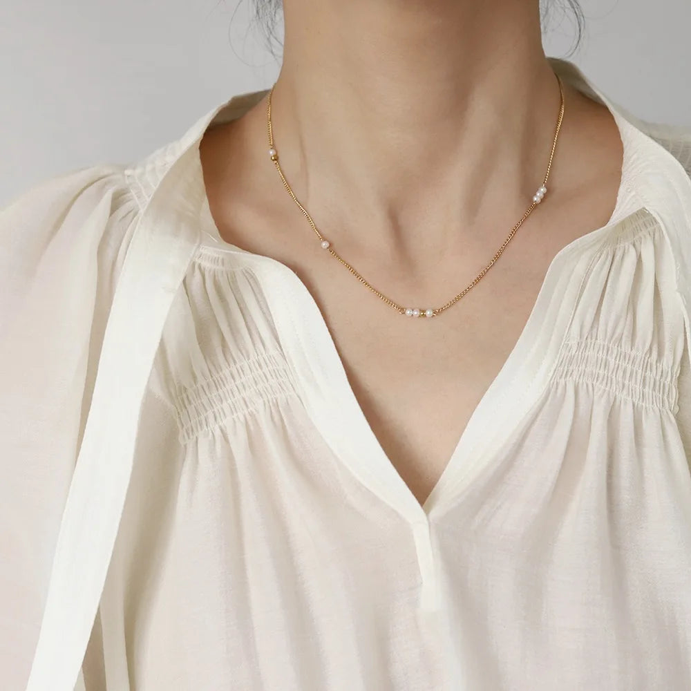 Minos Stainless Steel Pearl Necklaces Hypoallergenic Jewelry 18K Gold Plated Pearl Choker Necklaces for Women