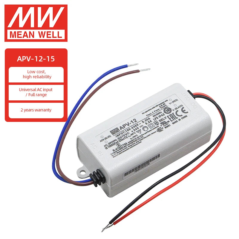 Meanwell APV-12-15  15V 0.8A  Plastic Case IP42 Constant Voltage Led Driver