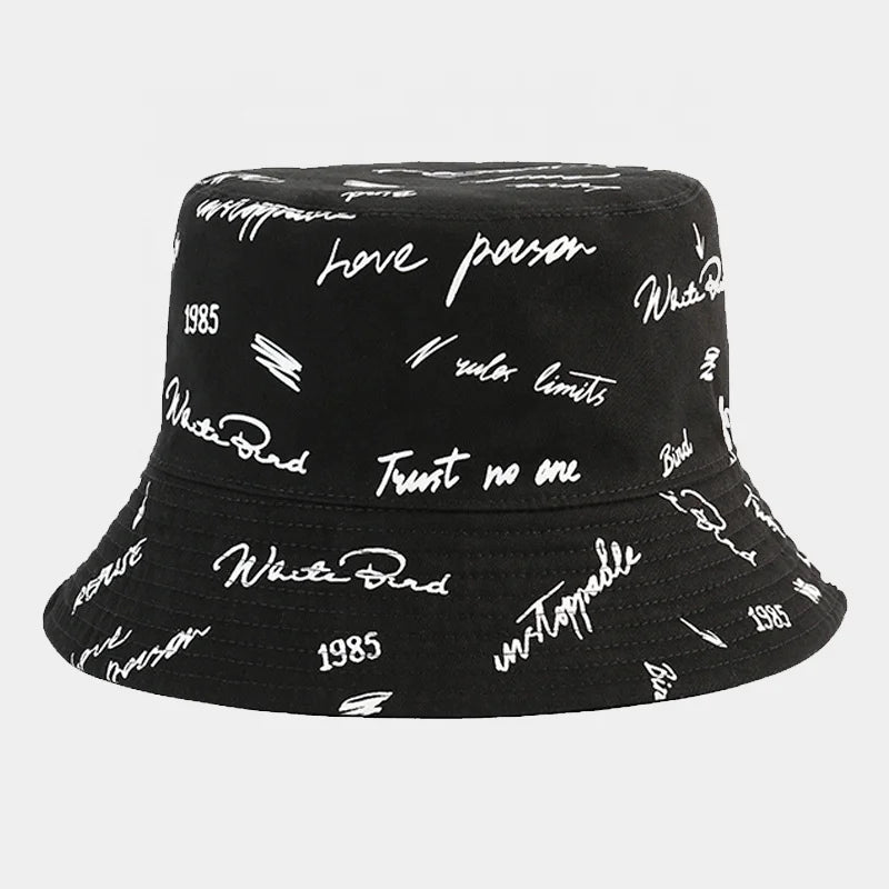 Custom Unisex Large Golf Bucket Hat 100% Cotton Black with Cartoon Leaf Pattern for Summer Travel Casual Cycling Daily Use