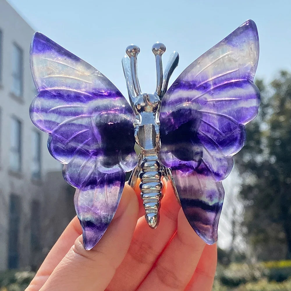 Natural Healing Stones Crystal Crafts Gemstone Carving Gift Crystal Rainbow Fluorite Butterfly Carving for Home Decor