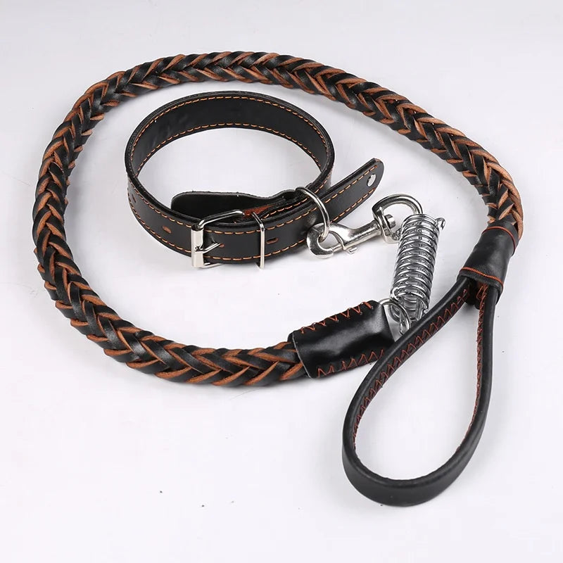 Cowhide Dog Collar and Leash Set for Medium to Large Dogs Spring Buffer Design Leather Leash Lead for Dogs