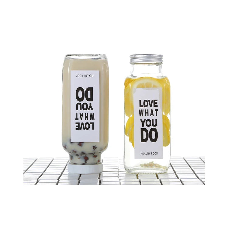 2oz 8oz 12oz 16oz Clear French Square Beverage Glass Bottles Refillable Airtight Screw Cap for Tequila Cold Pressed Juices