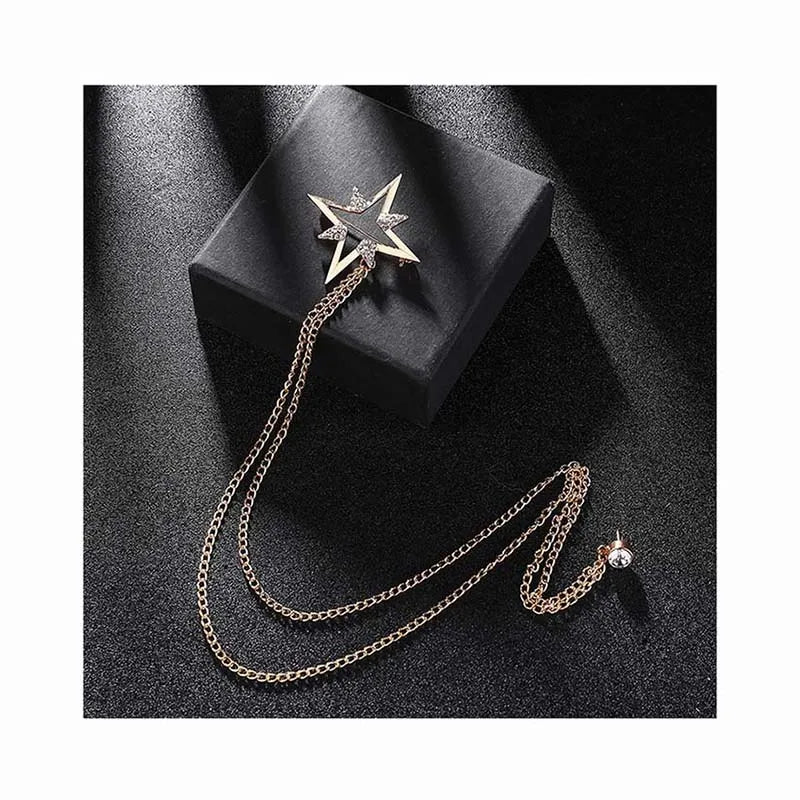 Retro Fashion Plating Men's Suit Brooch Wedding Groom Collar Flower Collar Pin Long Chain Corsage Crystal Rhinestones Lapel P