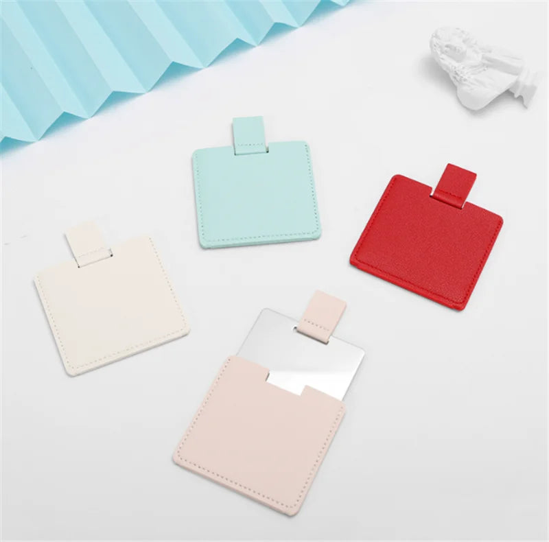 Fashion Vintage Customized Logo Folding Pu Leather Case Metal Stainless Steel Ultra-thin Portable Pocket Makeup Mirror