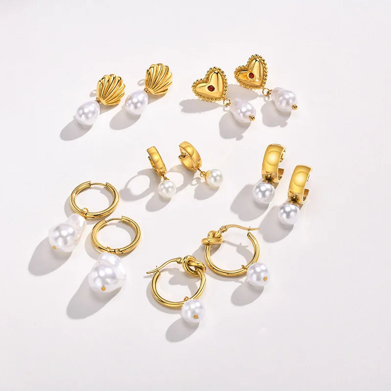 New Trendy Earring 18K PVD Gold Plated Imitation Pearl Shell Heart Drop Earring Dangle Earring for Women