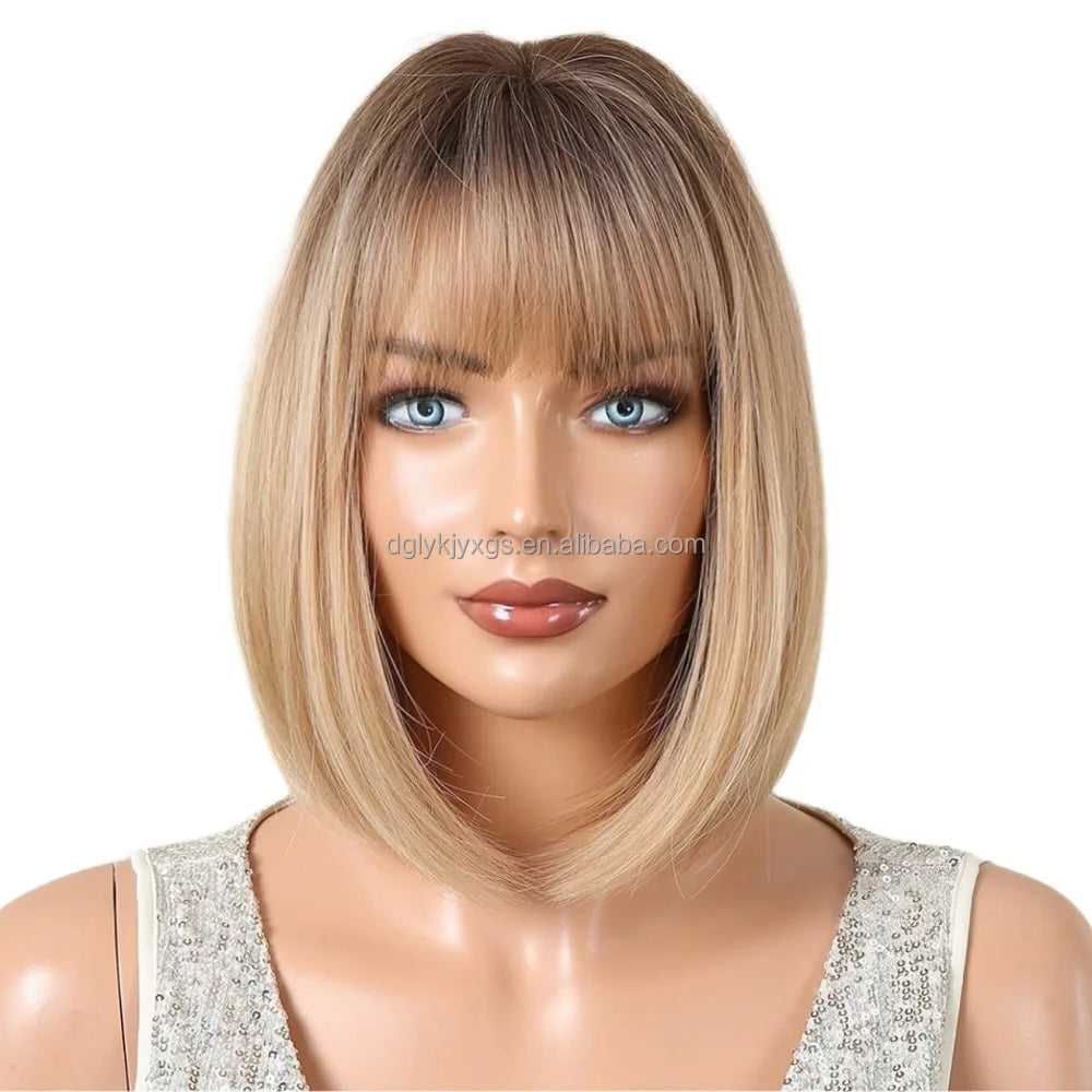 WB06 Hot Selling Women's Style Bob Wigs Bangs Ombre Gradient Wig Short Hair Bobo Synthetic Fiber Headband Women Hair