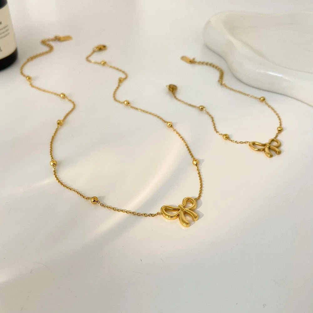 Bow Tie Titanium Steel Bracelet Necklace Set Joyas De Acero Inoxidable Stainless Steel Gold-plated 18k Bead Chain Necklace