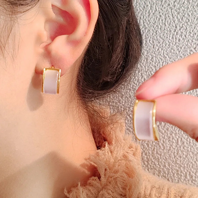 Minimalist Temperament Geometric Square Cat's Eye Stone Earrings