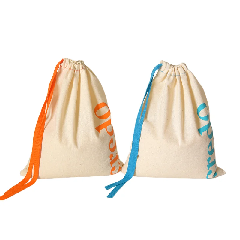 Custom Brand Logo Drawstring Cotton Makeup Gift Promotion Bags with Fancy Ribbon