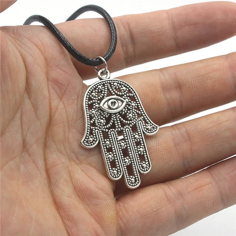 Cheap Sale Black Leather Rope Prayer Palm Necklace Antique Silver Plated Devil Eye Fatima Hamsa Hand Pendant Necklace for Wom