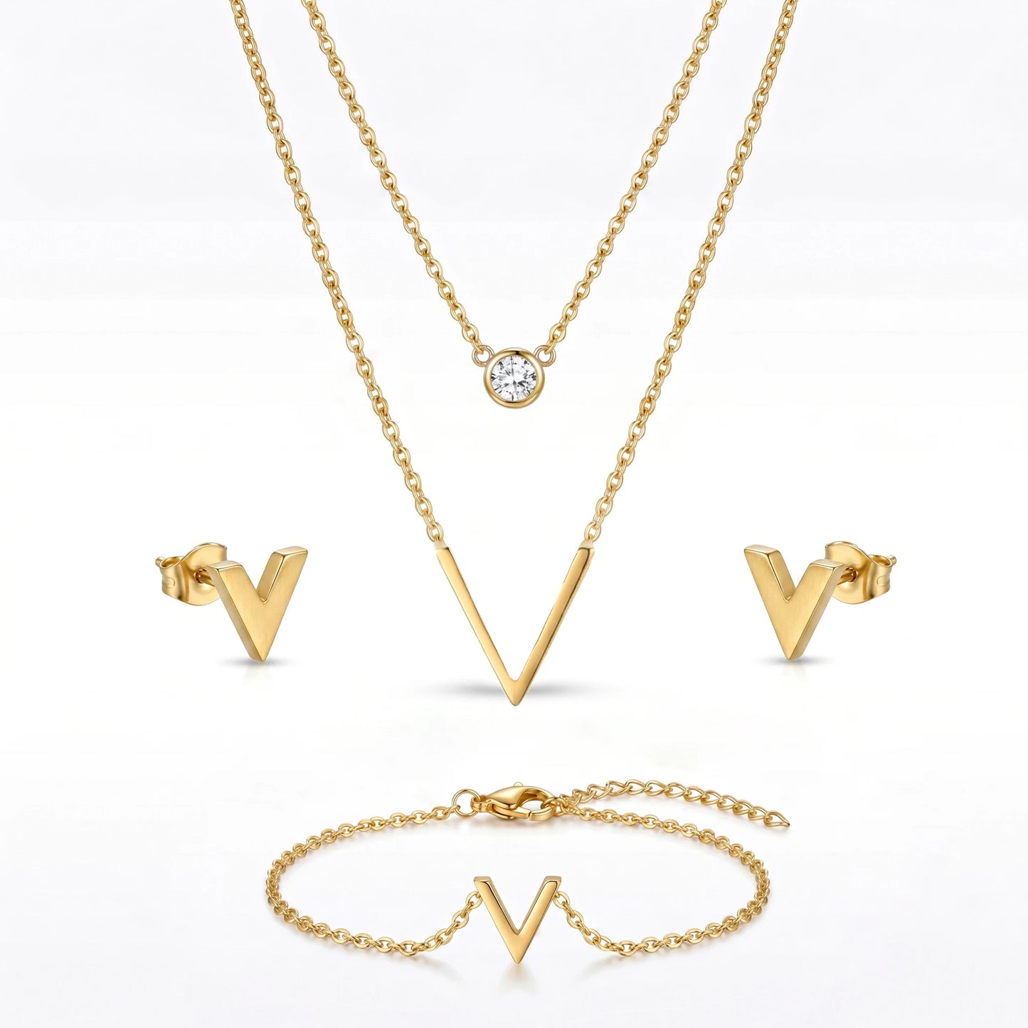 QIAOREN 11519 18K Gold Plated V-Shaped Jewelry Set Necklace Earrings Bracelet Stainless Steel Tarnish Free