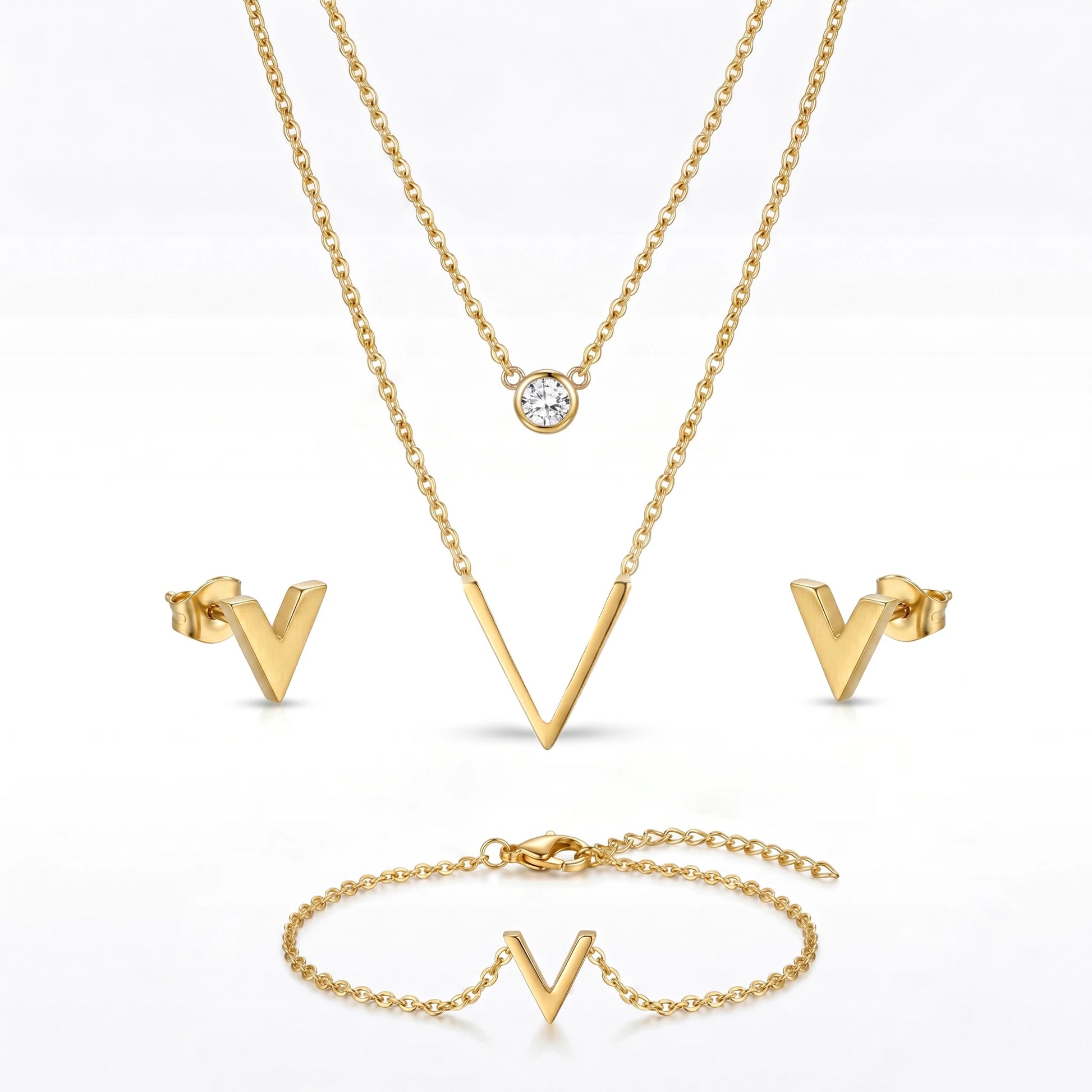 QIAOREN 11519 18K Gold Plated V-Shaped Jewelry Set Necklace Earrings Bracelet Stainless Steel Tarnish Free