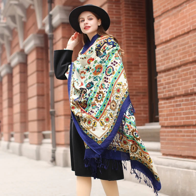 Oversize Large Winter Luxury Floral Blanket Pashmina Shawls Soft Dupatta 100% Pure Wool Scarf Wraps for Women