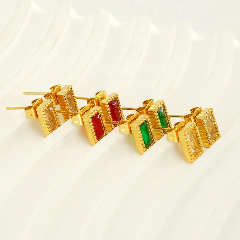 Allergy Free Stainless Steel Geometric Rectangle Small Charms Earrings Zircon Stone Stud Summer Earrings