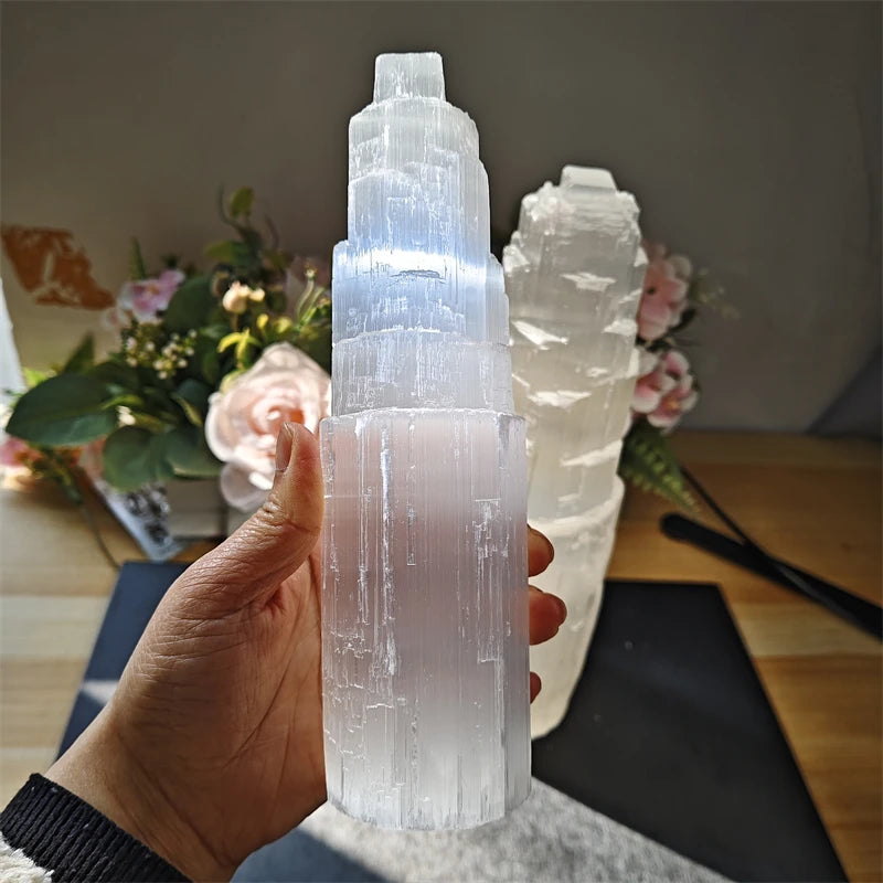 Kindfull 20cm Selenite Lamp Tower Polished Hand Carved Raw Crystal Healing Stone for Meditation Gift Decor Souvenir Craft Lov