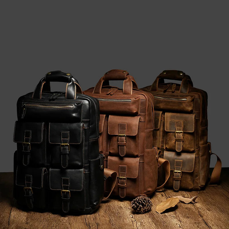 British Style Large Capacity Men's Backpack Travel Outdoor Double Shoulder Handbag Retro Multi-pocket Leather Backpack
