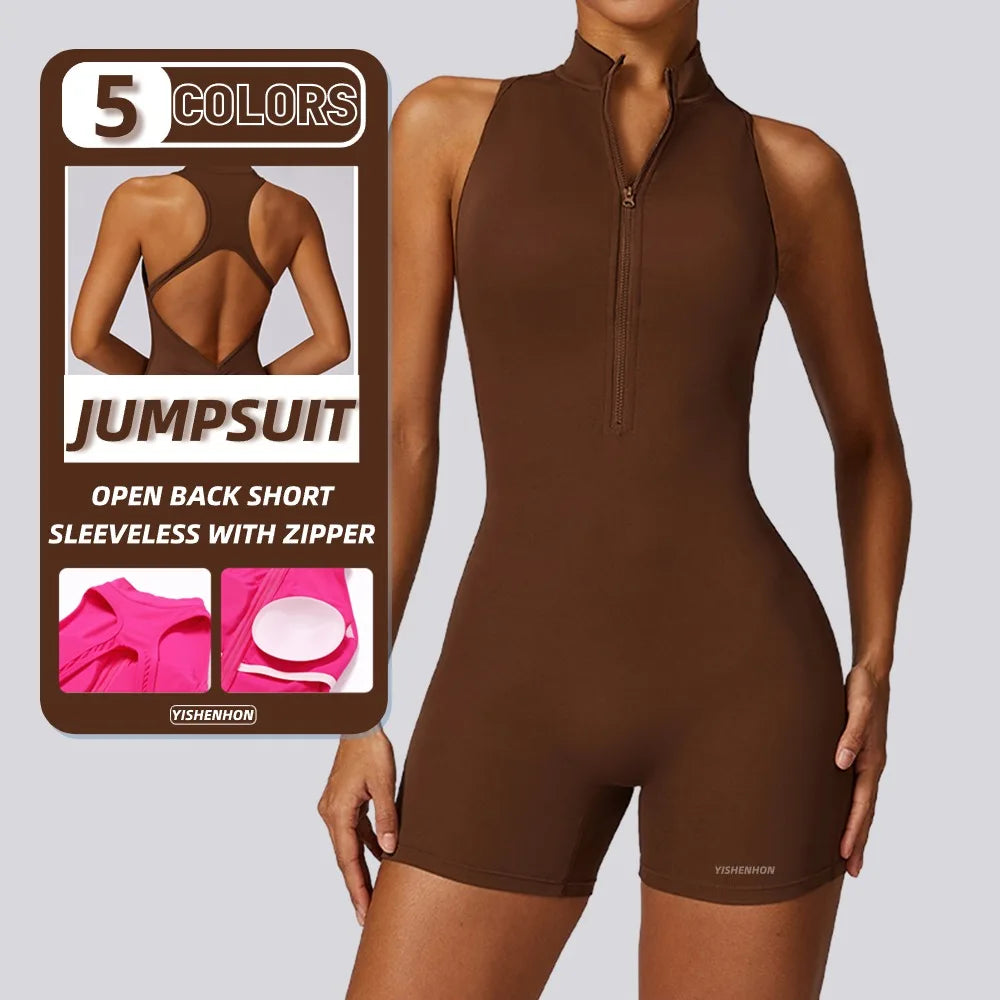 YISHENHON 2024 High Intensity Zipper Stand up Collar Sports Rompers Workout Bodysuit Gym Fitness Jumpsuits One Piece Yoga Wom