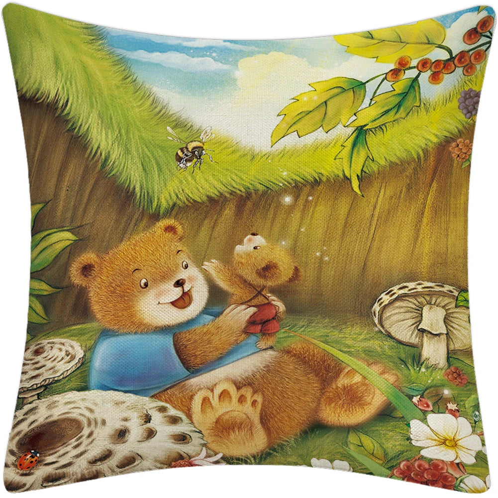 Cute Animal Cartoon Bear & Bird Linen Cushion Cover Decorative Pillow Case for Home or Car Throw Pillow Covers
