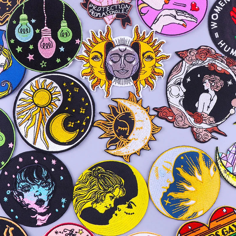 Wholesale Cartoon Sun Moon Girl Embroidery Patch DIY Iron on Embroidered Patches for Clothing Custom logo Patches